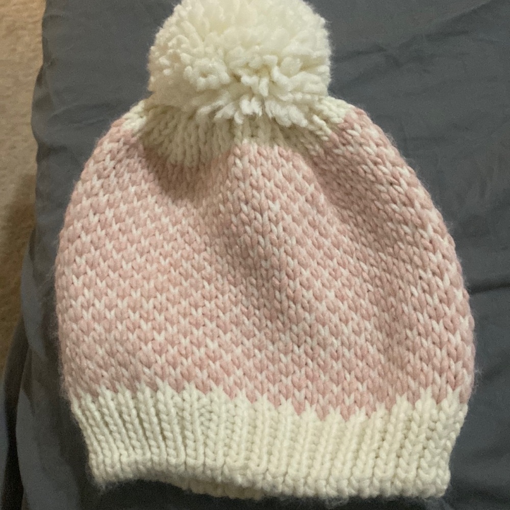 Super cute winter beanie light pink with off white, soft bun